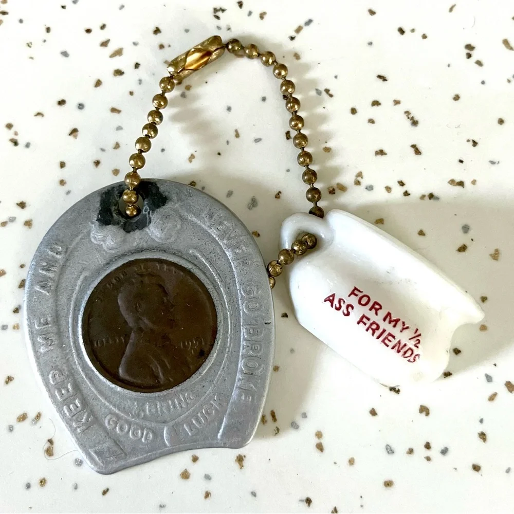 Vintage encased Penny horse shoe lucky keychain & charm RARE